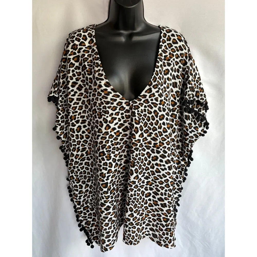 Xhilaration Leopard Cheetah Pom Pom Trim Kaftan Swim Cover Batwing Sleeve Size M